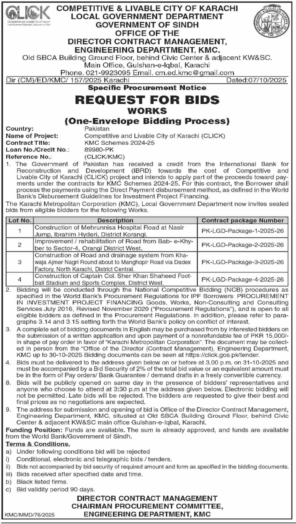 Local Government Department Karachi Tender Notice